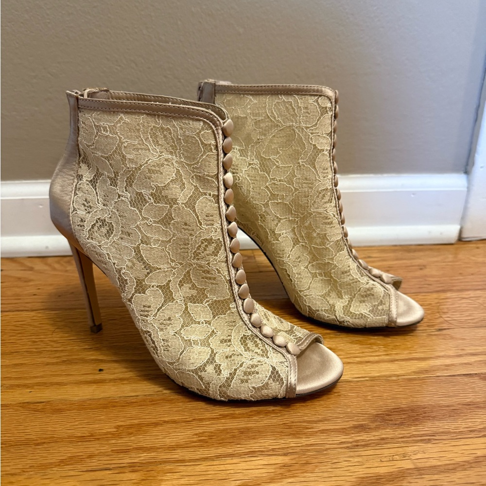 Audrey Brooke Lace Peep-Toe Heels in Cream